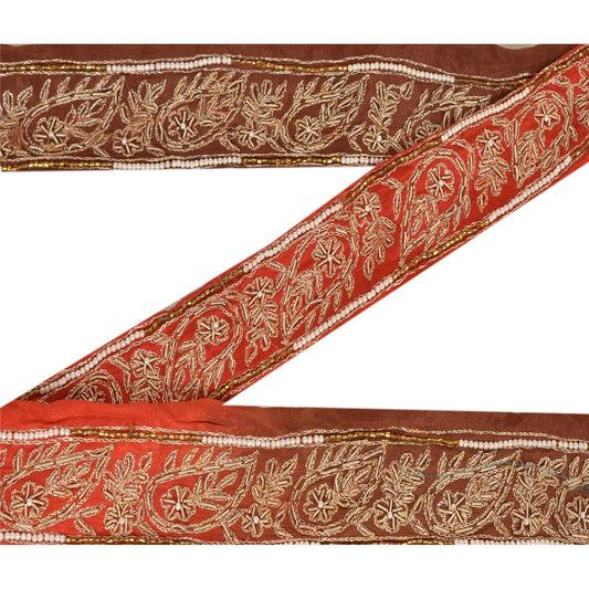 Sanskriti Vintage Saree Border Hand Beaded 1 Yard Trims Dã©Cor Ribbon Brown Lace