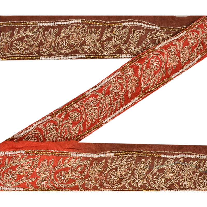 Sanskriti Vintage Hand Beaded Silk Sari Border: Vintage Zardozi Trim, Brown Lace (1 Yard) upholstery fabric