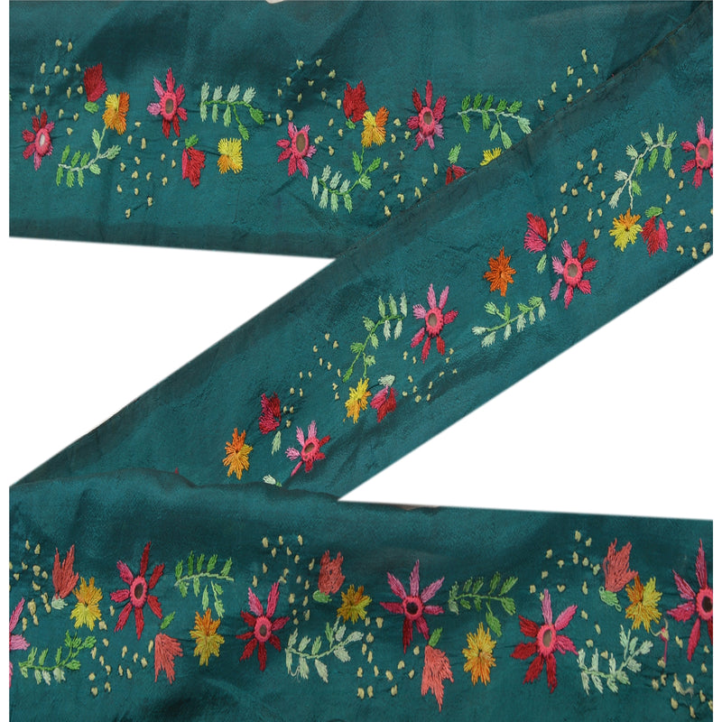 Sanskriti Vintage Sari Border Hand Embroidered 1 Yd Craft Trim Ribbon Green Lace