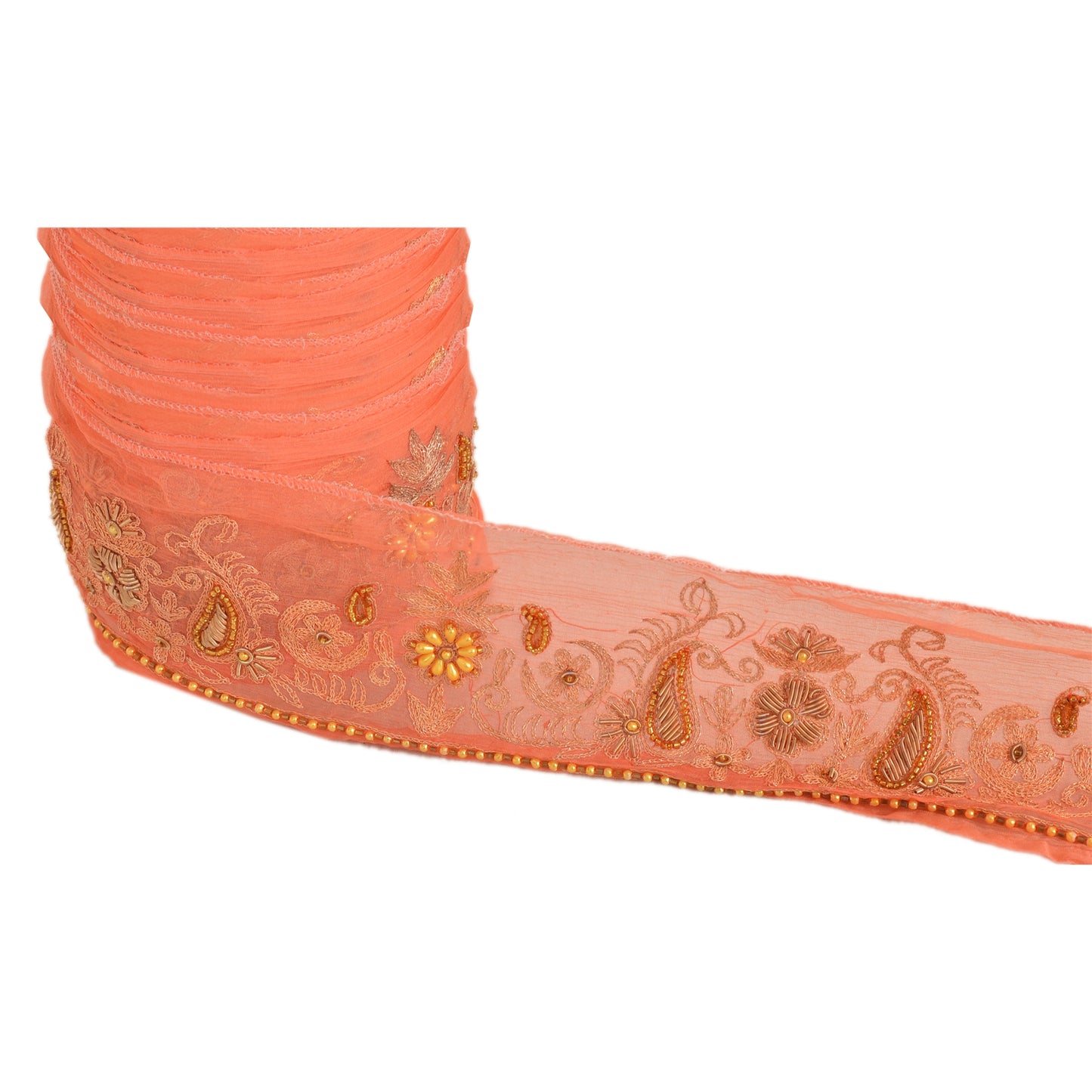 Sanskriti Vintage Saree Border Hand Beaded 1 Yard Trims Sewing Peach Decor Lace