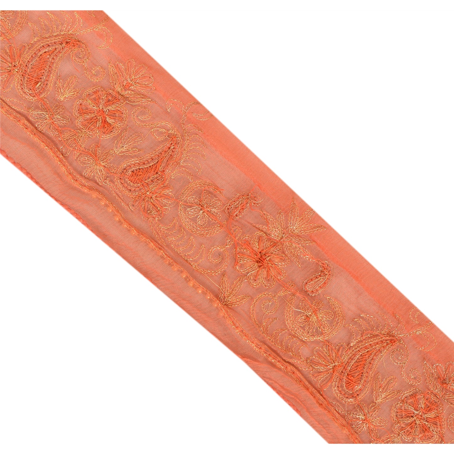 Sanskriti Vintage Saree Border Hand Beaded 1 Yard Trims Sewing Peach Decor Lace