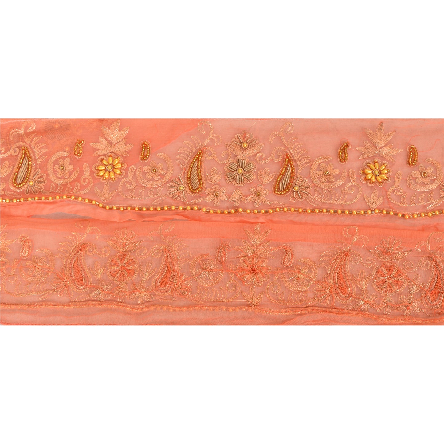 Sanskriti Vintage Saree Border Hand Beaded 1 Yard Trims Sewing Peach Decor Lace