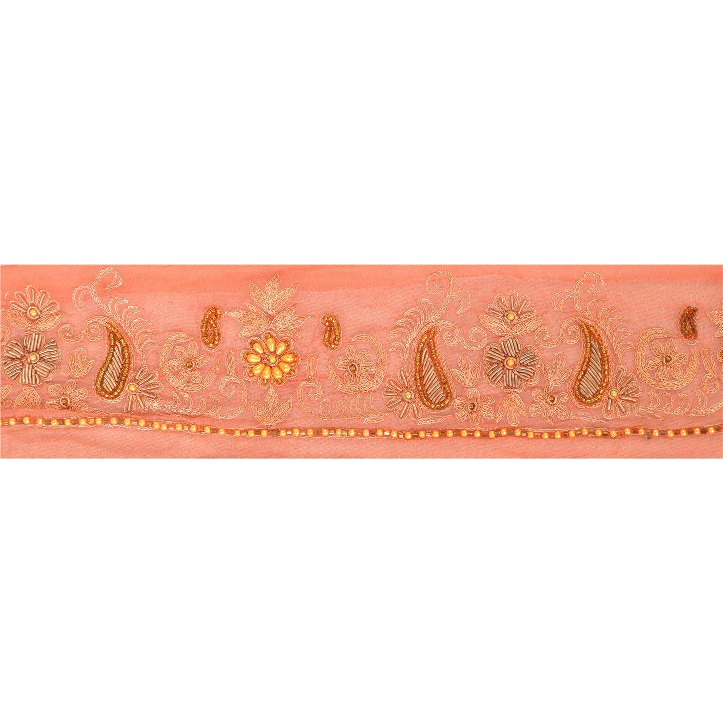 Sanskriti Vintage Saree Border Hand Beaded 1 Yard Trims Sewing Peach Decor Lace