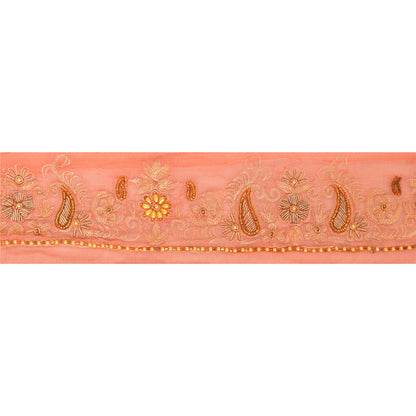 Sanskriti Vintage Saree Border Hand Beaded 1 Yard Trims Sewing Peach Decor Lace