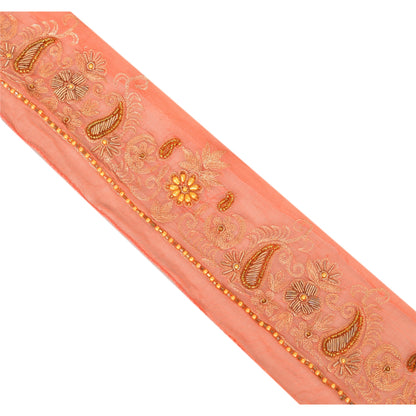 Sanskriti Vintage Saree Border Hand Beaded 1 Yard Trims Sewing Peach Decor Lace