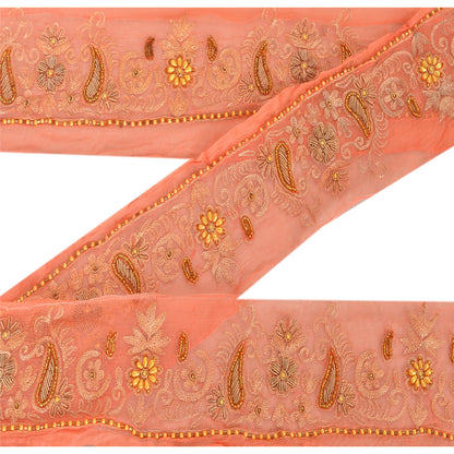 Sanskriti Vintage Saree Border Hand Beaded 1 Yard Trims Sewing Peach Decor Lace