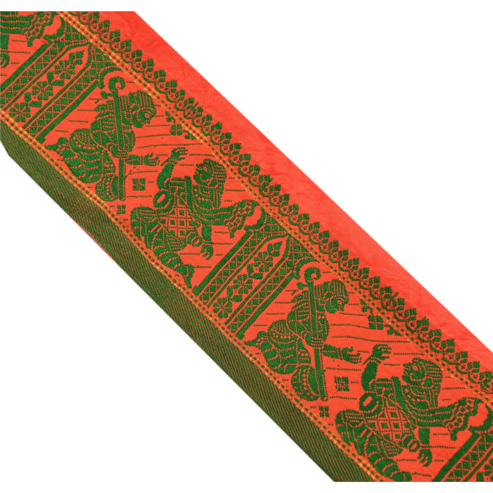 Sanskriti Vintage Saree/Sarees Border Orange & Green Pure Silk Woven Baluchari Women Birds Design 2 Yd Trim Craft Sewing Sari 2.5W Lace