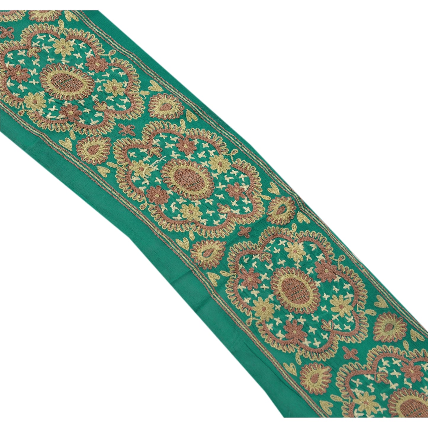 Sanskriti Vintage Sari Border Hand Embroidered 1 Yd Trim Sewing Green Craft Lace