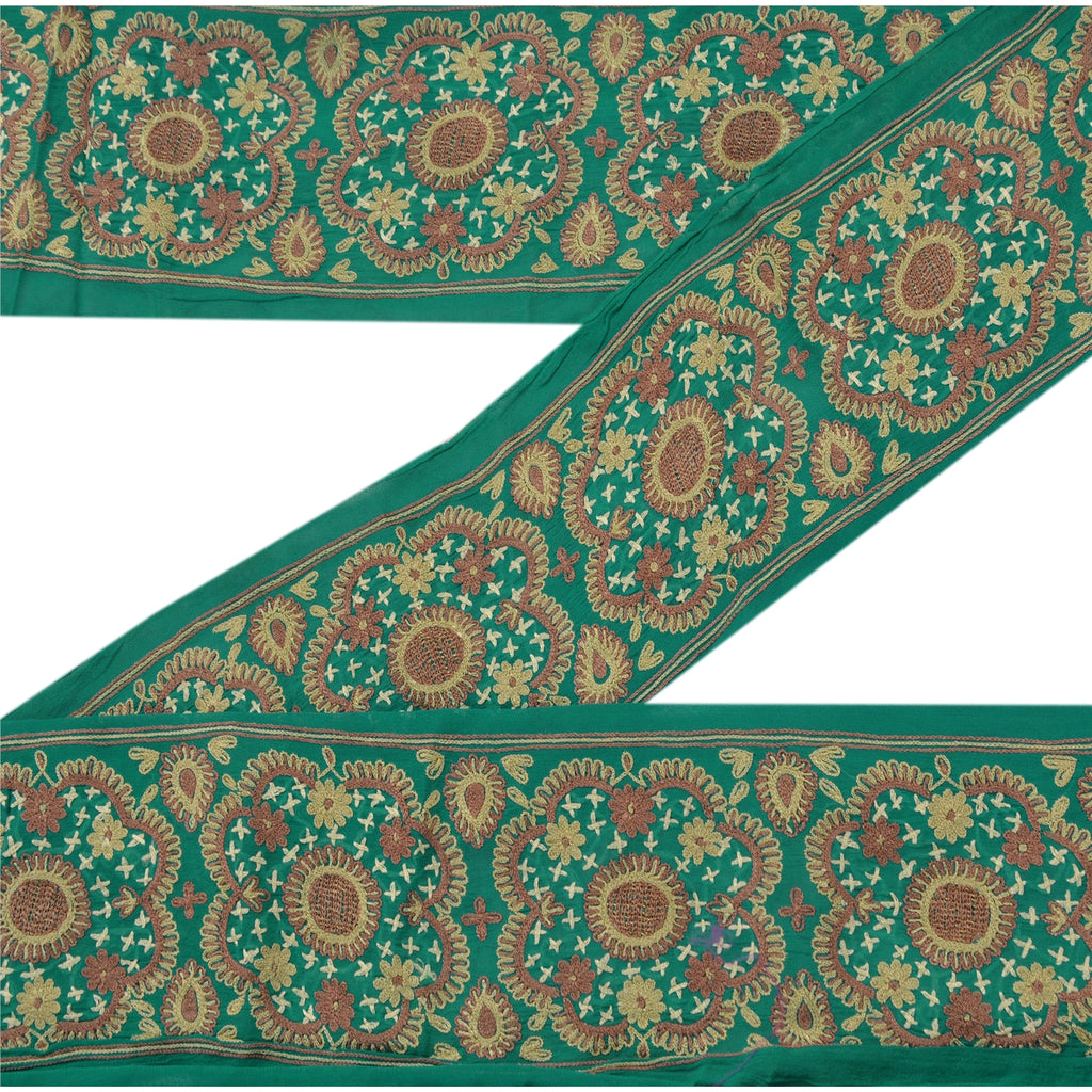 Sanskriti Vintage Sari Border Hand Embroidered 1 Yd Trim Sewing Green Craft Lace