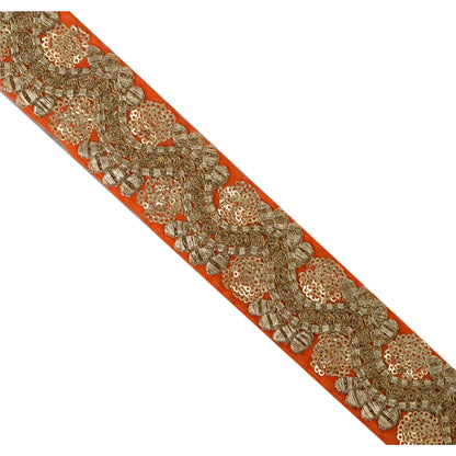 Sanskriti Vintage Sari Border Embroidered 1 Yd Sewing Orange Craft Sequins Lace