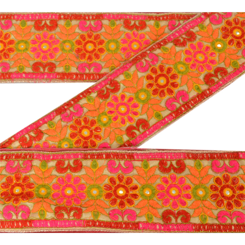 Sanskriti Vintage Sari Border Embroidered 1Yd Trim Sewing Cream Craft Lace