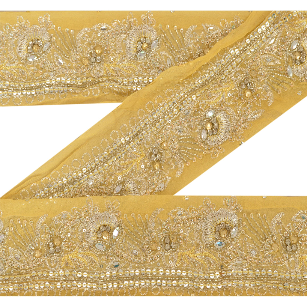 Sanskriti Vintage Sari Border Hand Beaded 1 Yd Trim Sewing Cream Craft Lace