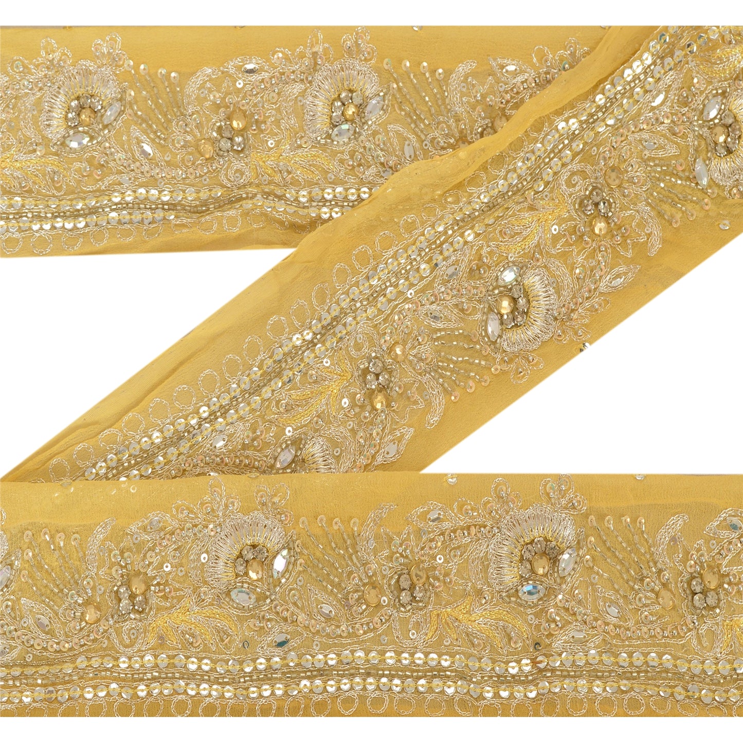 Sanskriti Vintage Sari Border Hand Beaded 1 Yd Trim Sewing Cream Craft Lace