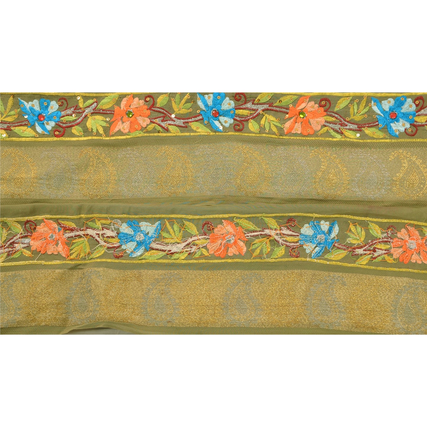 Sanskriti Vintage Sari Border Hand Beaded 1 YD Craft Trim Sewing Green Lace