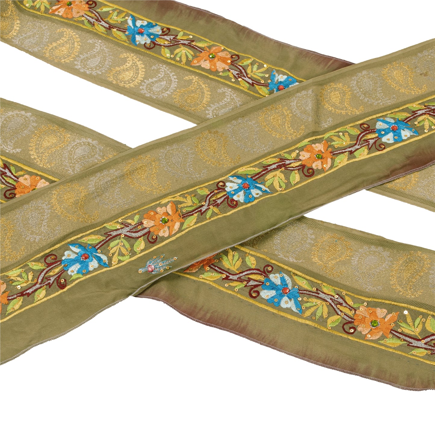 Sanskriti Vintage Sari Border Hand Beaded 1 YD Craft Trim Sewing Green Lace