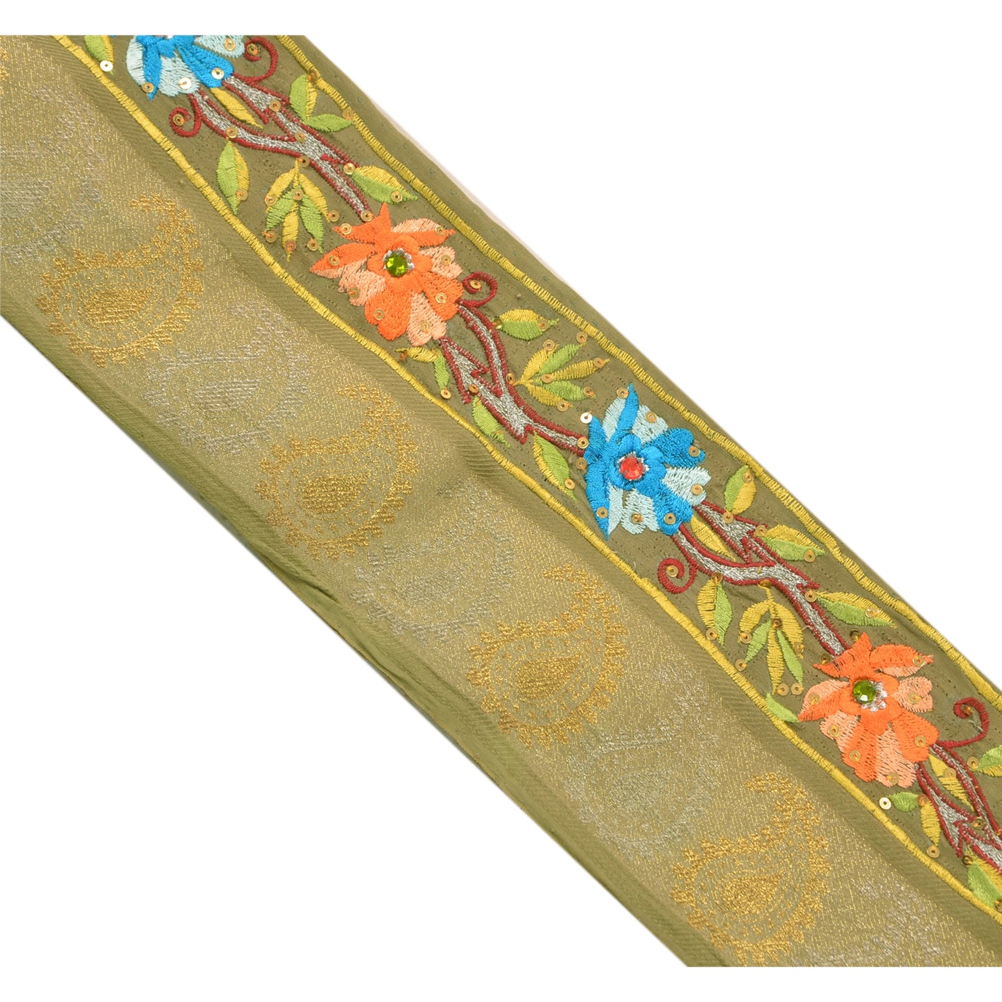 Sanskriti Vintage Sari Border Hand Beaded 1 YD Craft Trim Sewing Green Lace