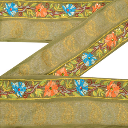 Sanskriti Vintage Sari Border Hand Beaded 1 YD Craft Trim Sewing Green Lace