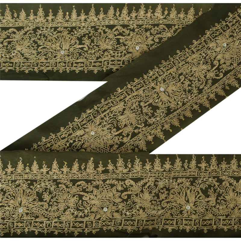 Sanskriti Vintage Green Crepe Silk Sari Border: Hand Beaded Floral Trim, 1 Yard by upholstery fabric