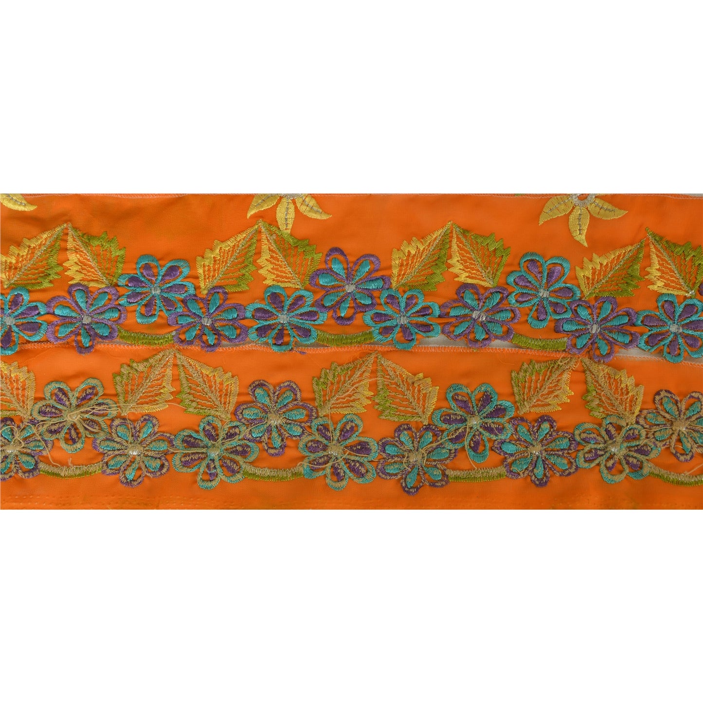 Sanskriti Vintage Sari Border Hand Embroidered 1Yd Trim Sewing Orange Craft Lace