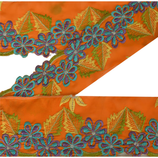 Sanskriti Vintage Sari Border Hand Embroidered 1Yd Trim Sewing Orange Craft Lace