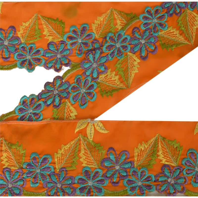 Sanskriti Vintage Sari Border Hand Embroidered 1Yd Trim Sewing Orange Craft Lace