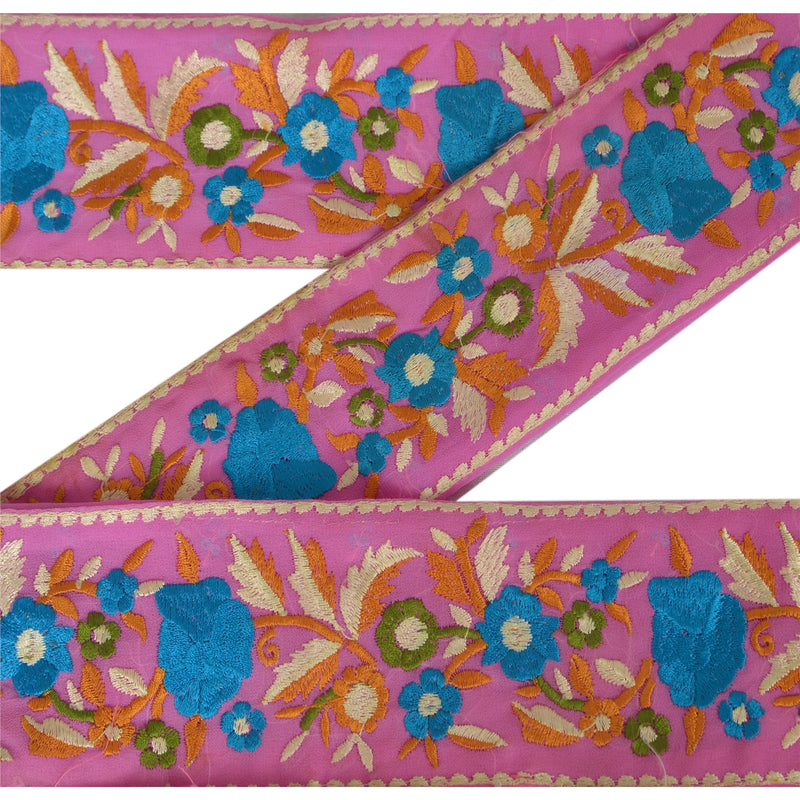Sanskriti Vintage Sari Border Hand Embroidered 1 Yd Trim Sewing Pink Craft Lace