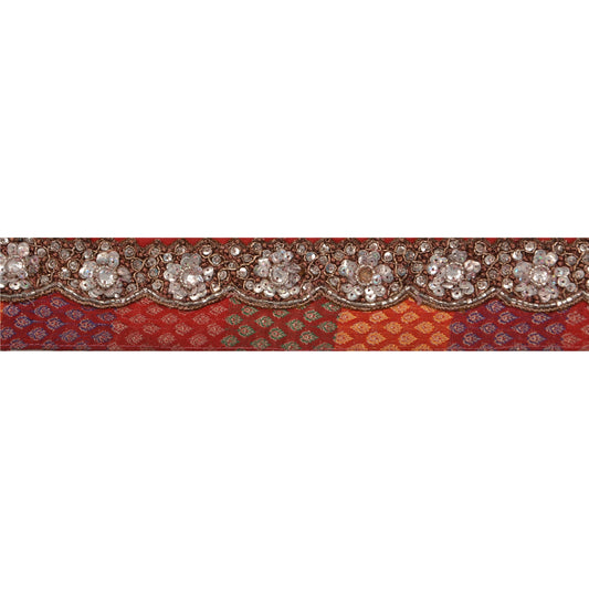 Sanskriti Vintage Sari Border Hand Beaded 1 Yd Craft Trim Dã©Cor Ribbon Red Lace
