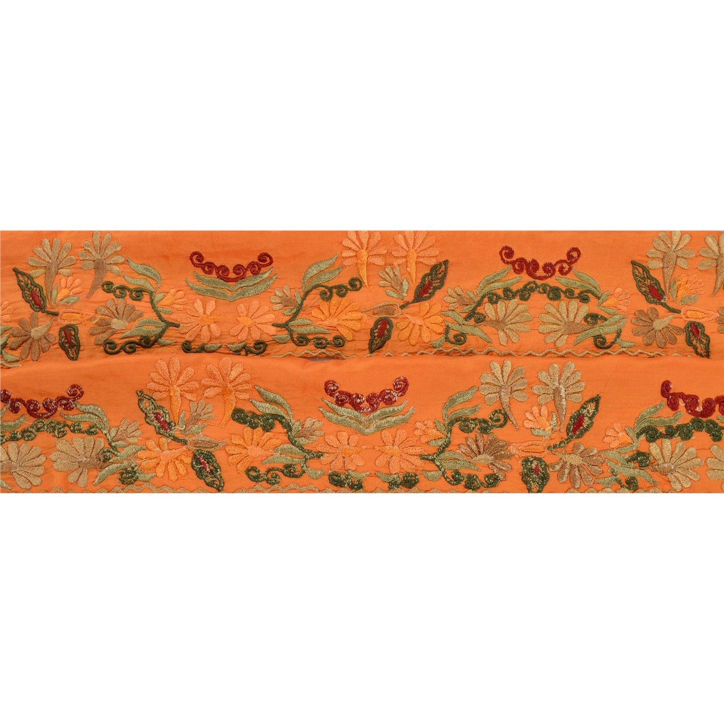 Sanskriti Vintage Sari Sarees Border Embroidered 1 YD Trim Orange Pure Silk Lace