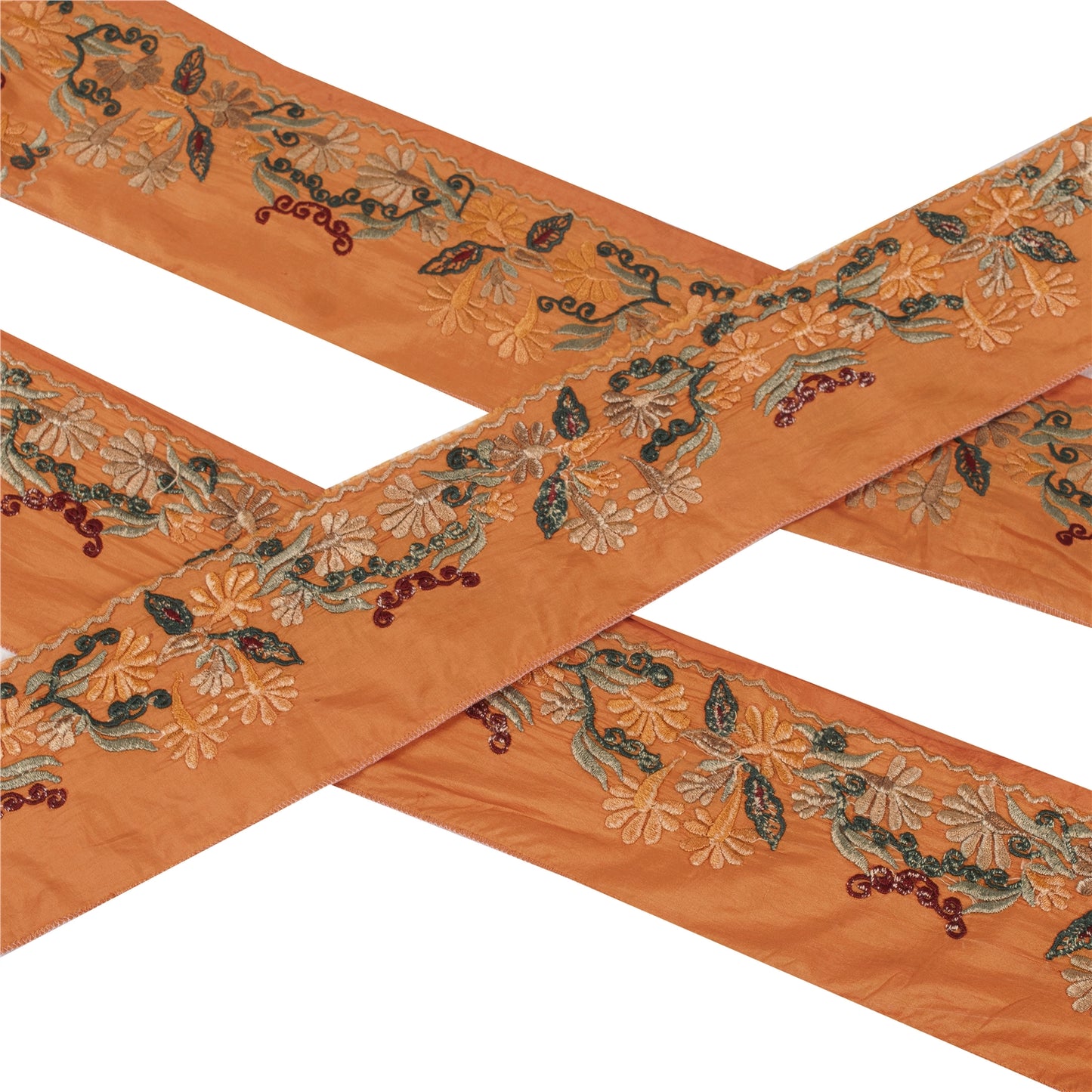 Sanskriti Vintage Sari Sarees Border Embroidered 1 YD Trim Orange Pure Silk Lace