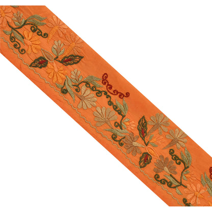 Sanskriti Vintage Sari Sarees Border Embroidered 1 YD Trim Orange Pure Silk Lace