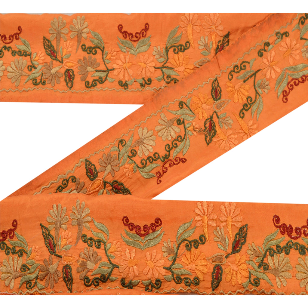 Sanskriti Vintage Sari Sarees Border Embroidered 1 YD Trim Orange Pure Silk Lace