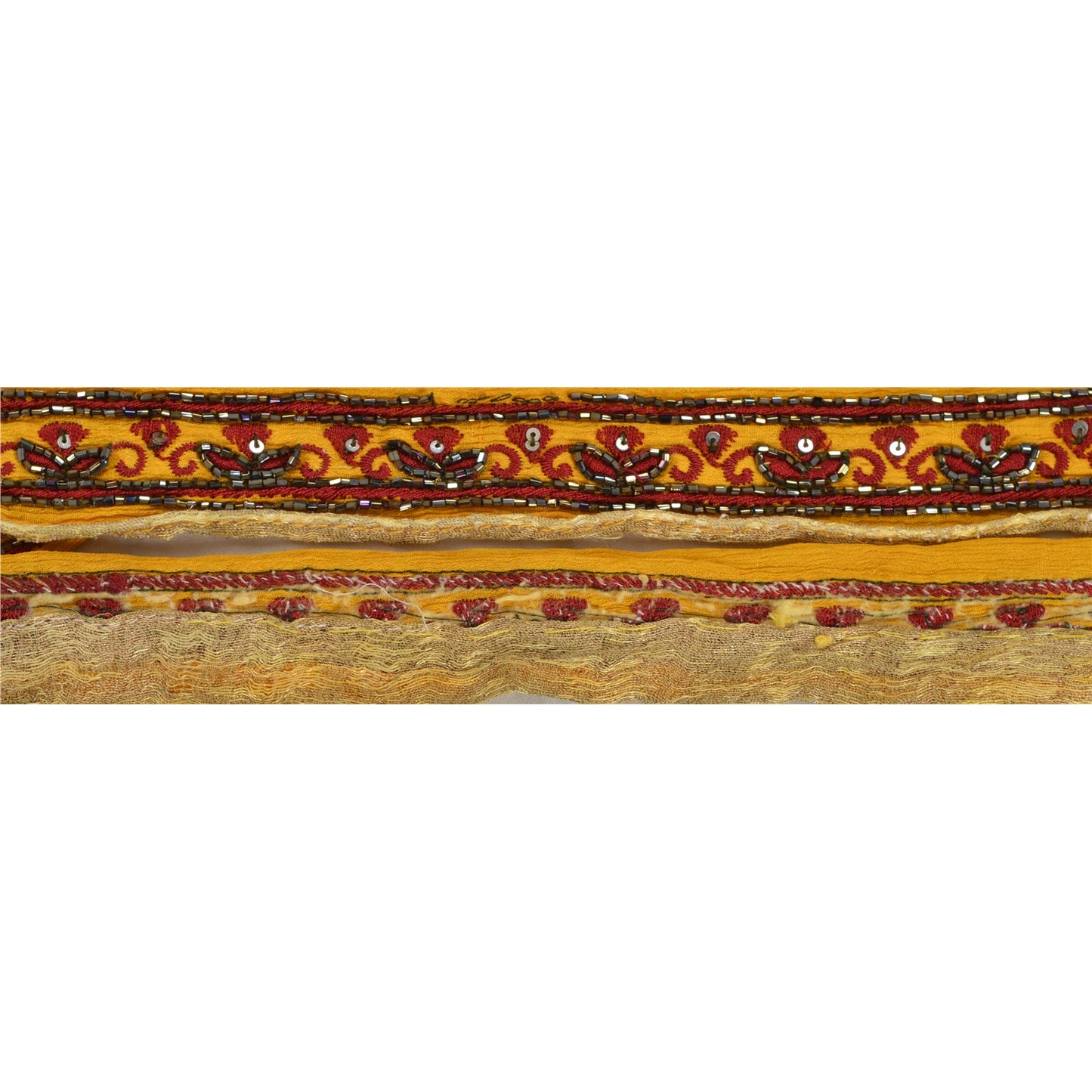Sanskriti Vintage Sari Border Hand Beaded 1 Yd Indian Trim Sewing Yellow Lace