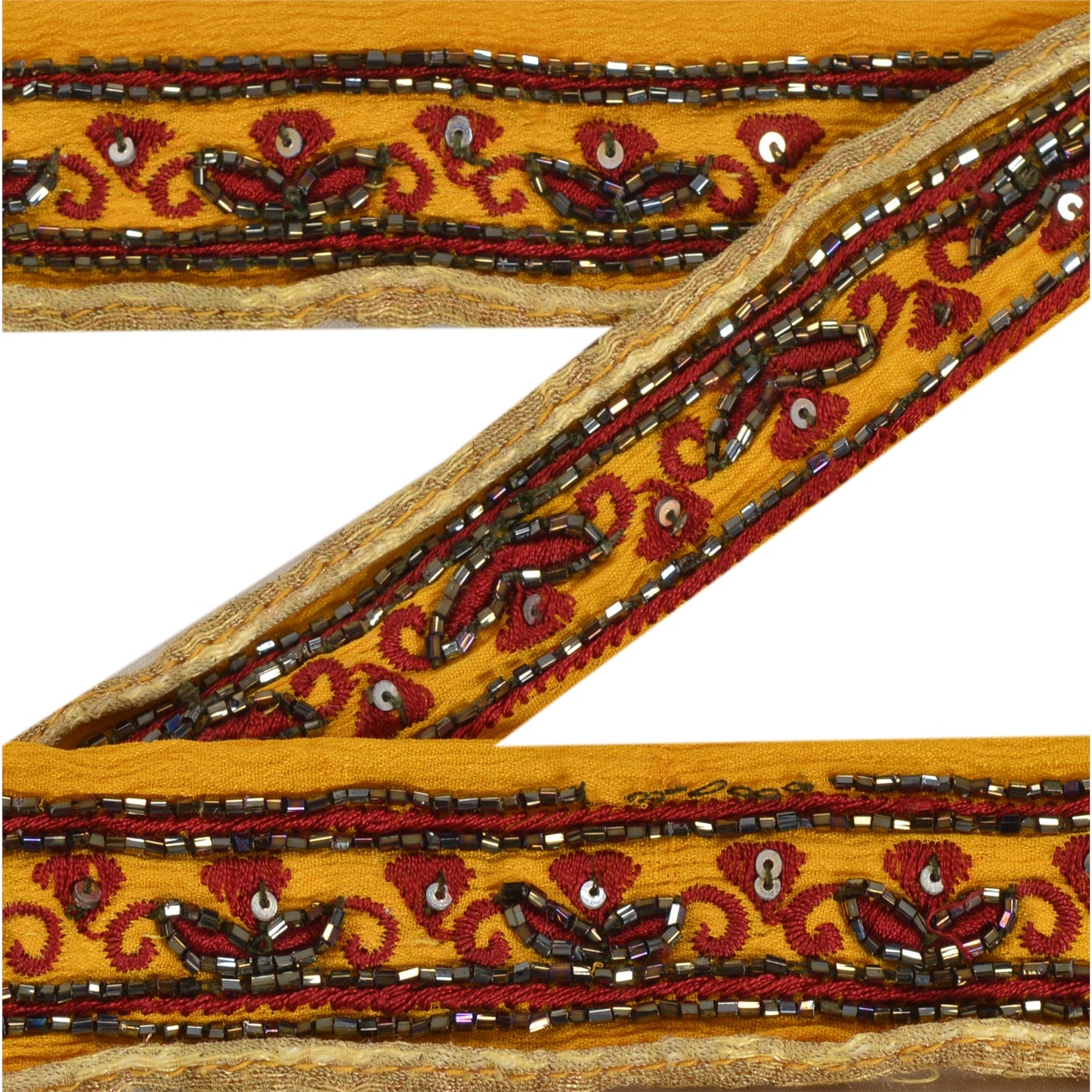 Sanskriti Vintage Sari Border Hand Beaded 1 Yd Indian Trim Sewing Yellow Lace