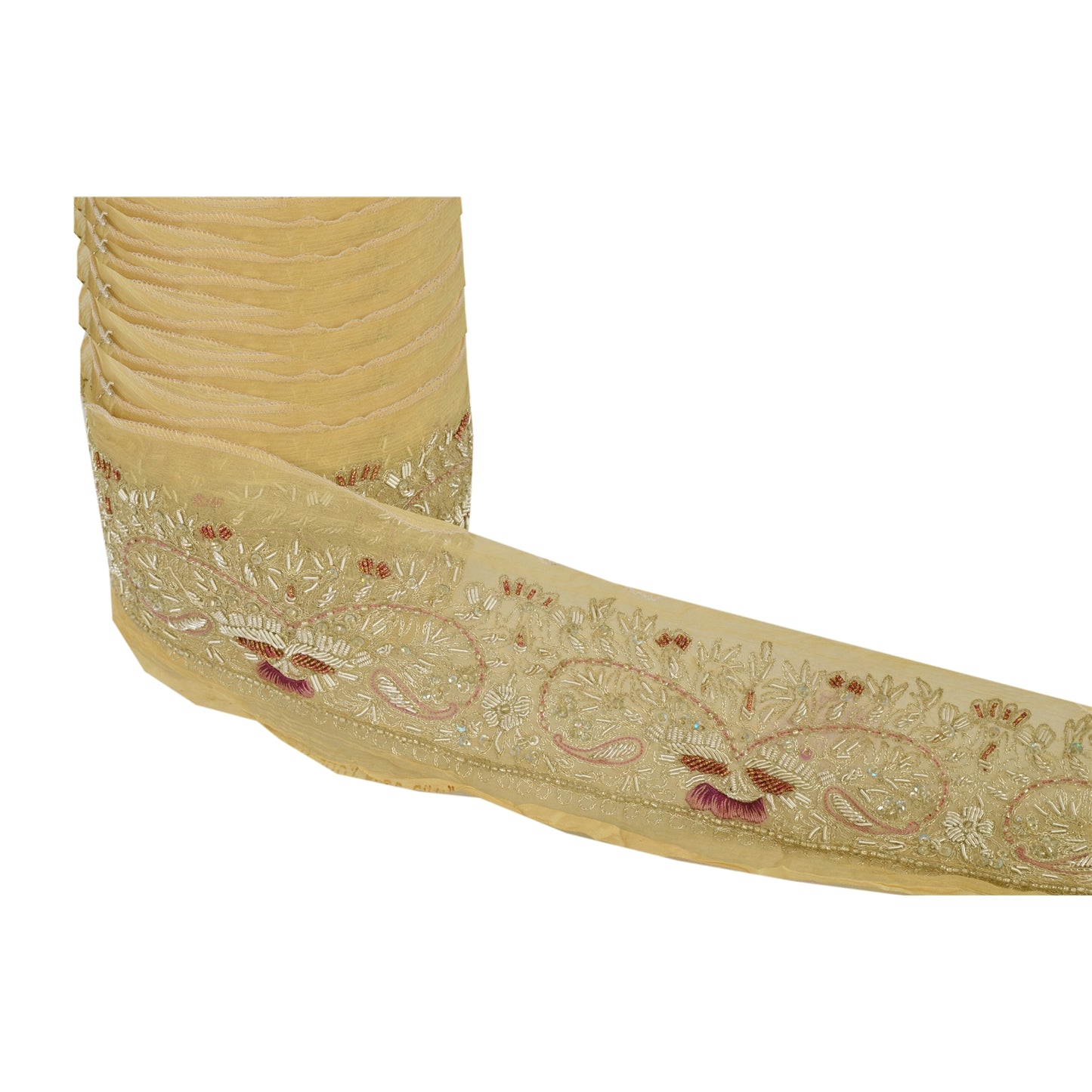 Sanskriti Vintage Sari Border Hand Beaded 1 Yd Craft Trim Sewing Cream Zari Lace