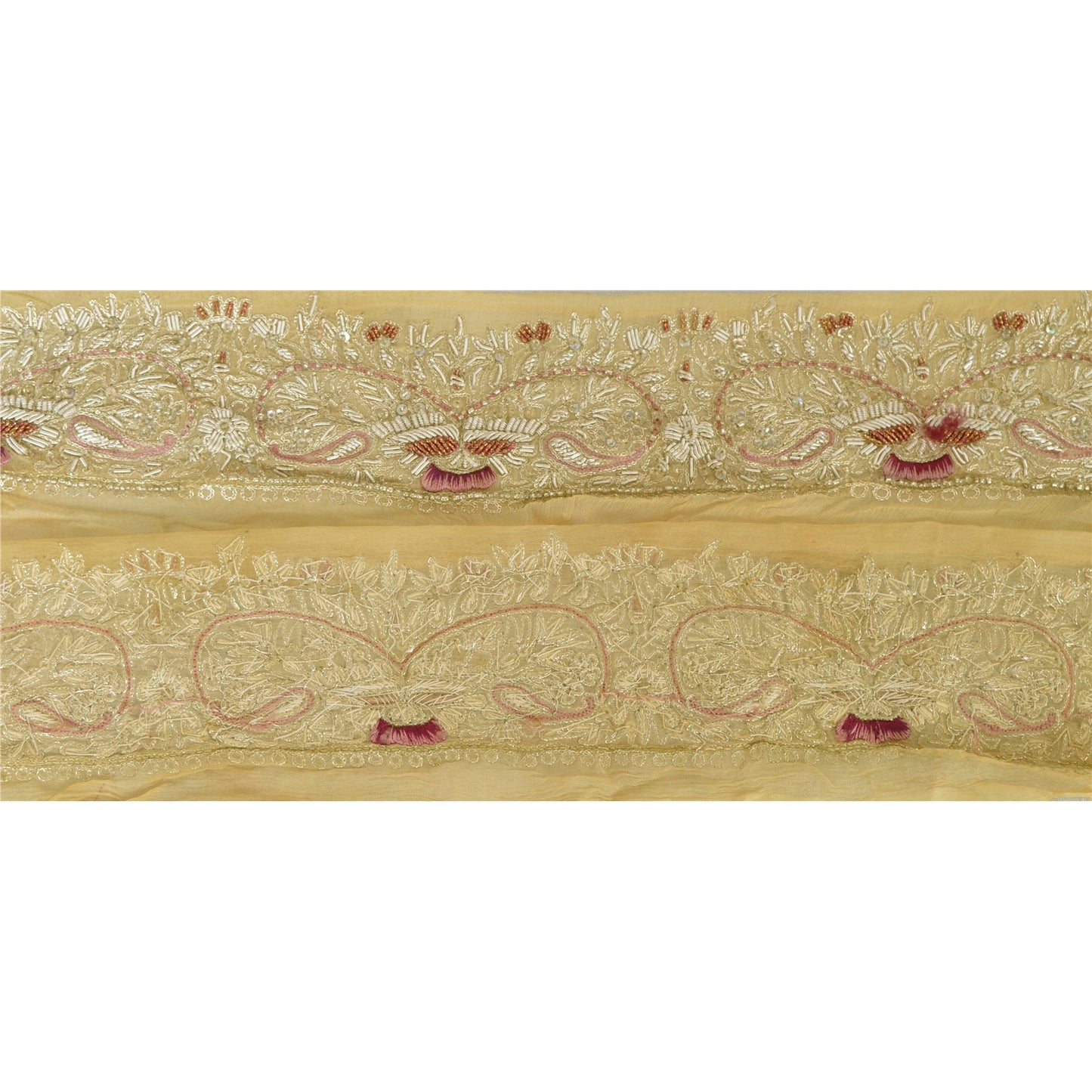Sanskriti Vintage Sari Border Hand Beaded 1 Yd Craft Trim Sewing Cream Zari Lace