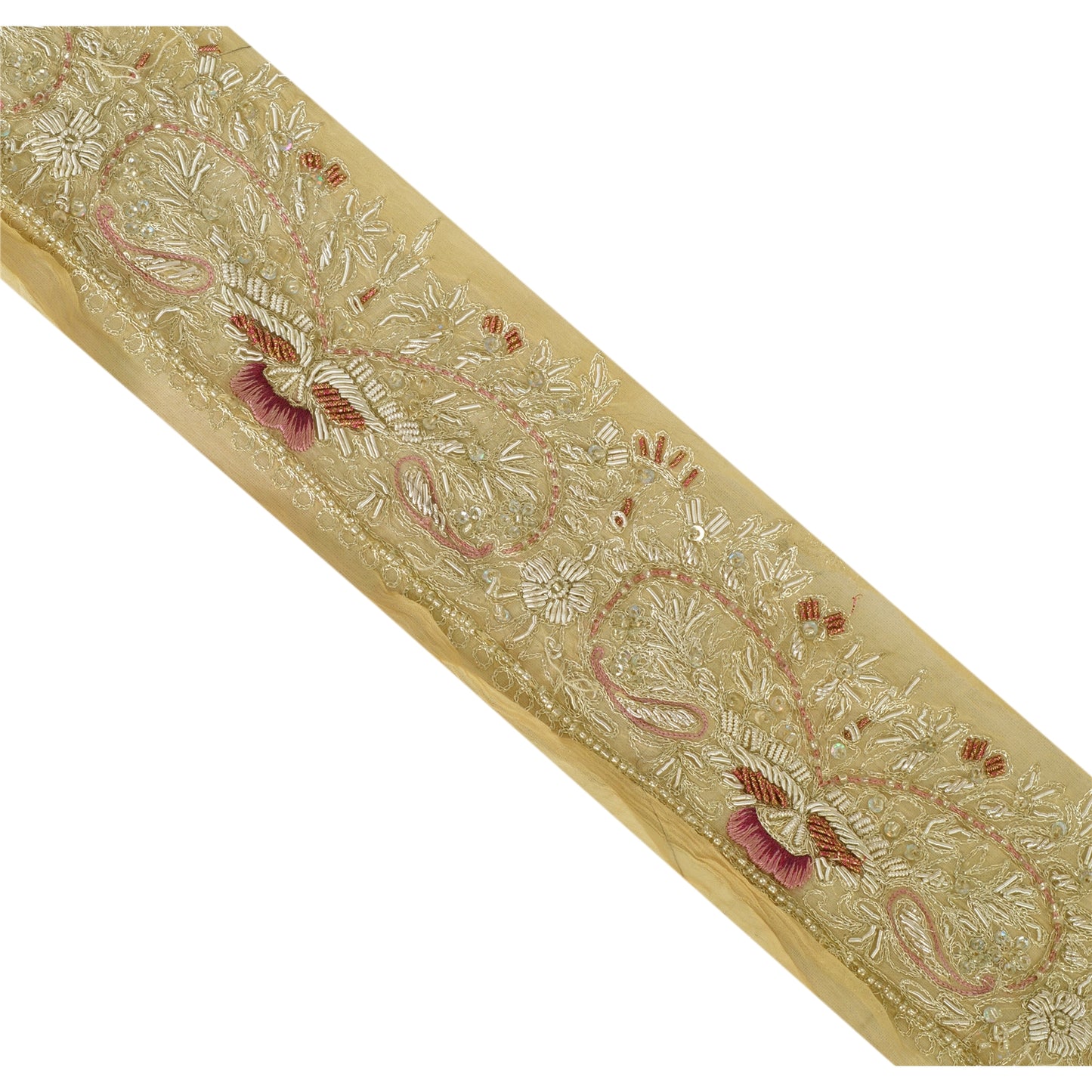 Sanskriti Vintage Sari Border Hand Beaded 1 Yd Craft Trim Sewing Cream Zari Lace
