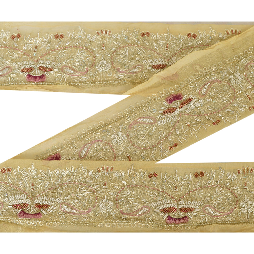 Sanskriti Vintage Sari Border Hand Beaded 1 Yd Craft Trim Sewing Cream Zari Lace