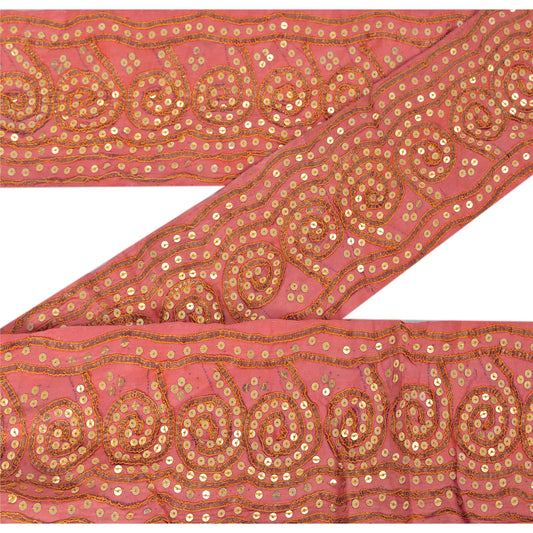 Sanskriti Vintage Pink Sari Border Hand Beaded Indian Craft Trim 1Yd Sewing Lace