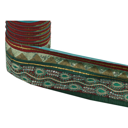 Sanskriti Vintage Green Sari Border Hand Beaded Indian Craft Trim 1 Yd Lace