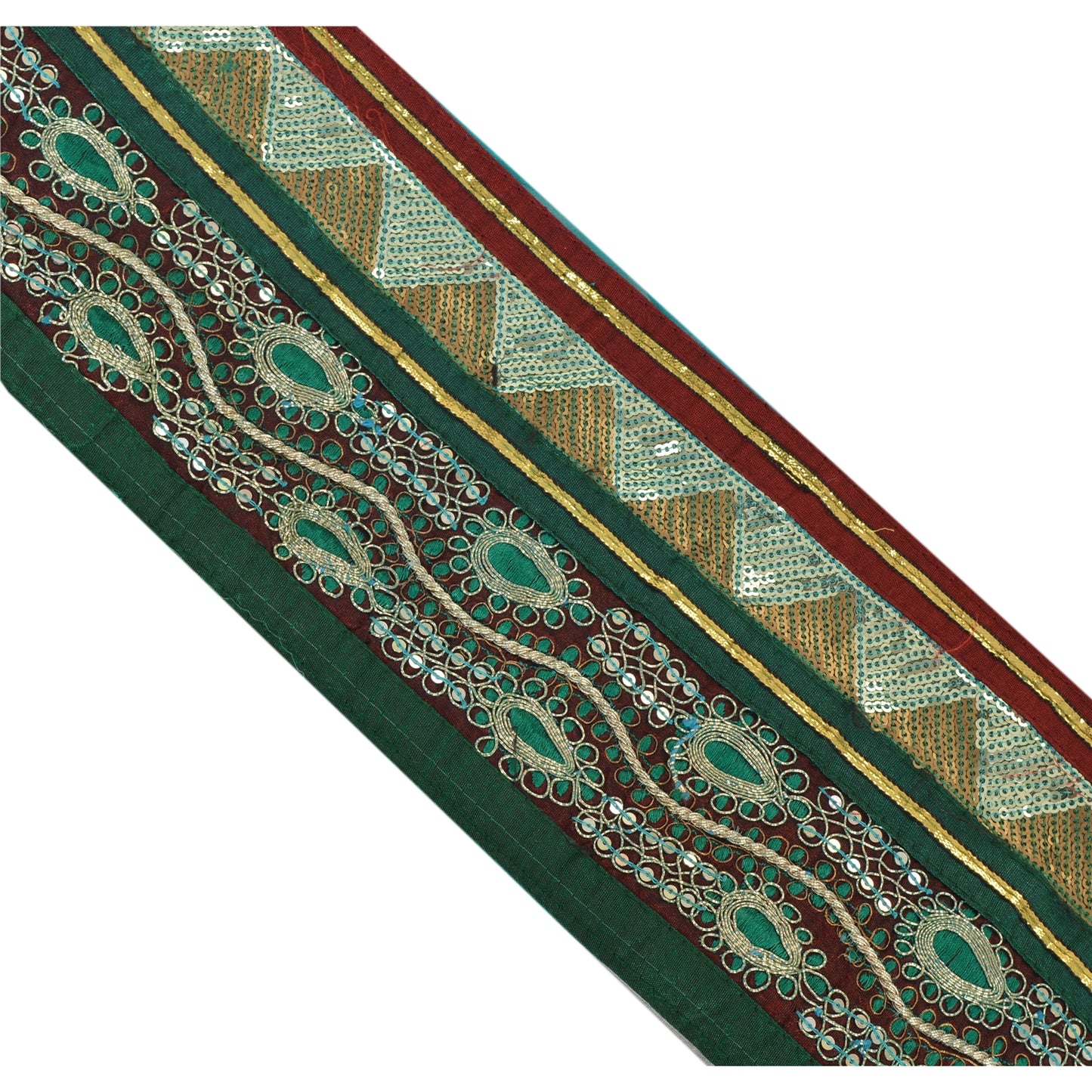 Sanskriti Vintage Green Sari Border Hand Beaded Indian Craft Trim 1 Yd Lace