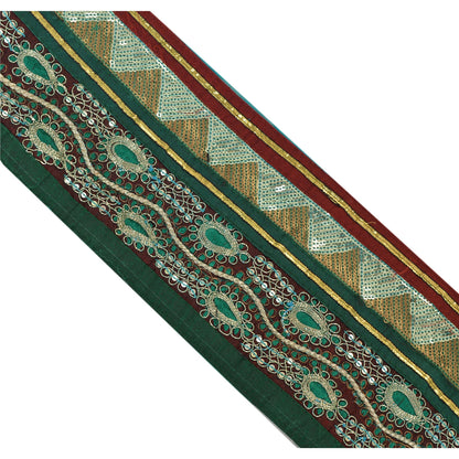 Sanskriti Vintage Green Sari Border Hand Beaded Indian Craft Trim 1 Yd Lace