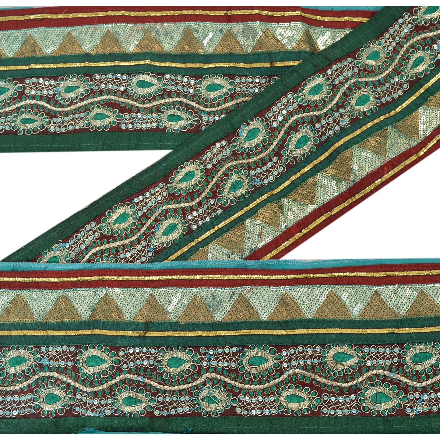 Sanskriti Vintage Green Sari Border Hand Beaded Indian Craft Trim 1 Yd Lace
