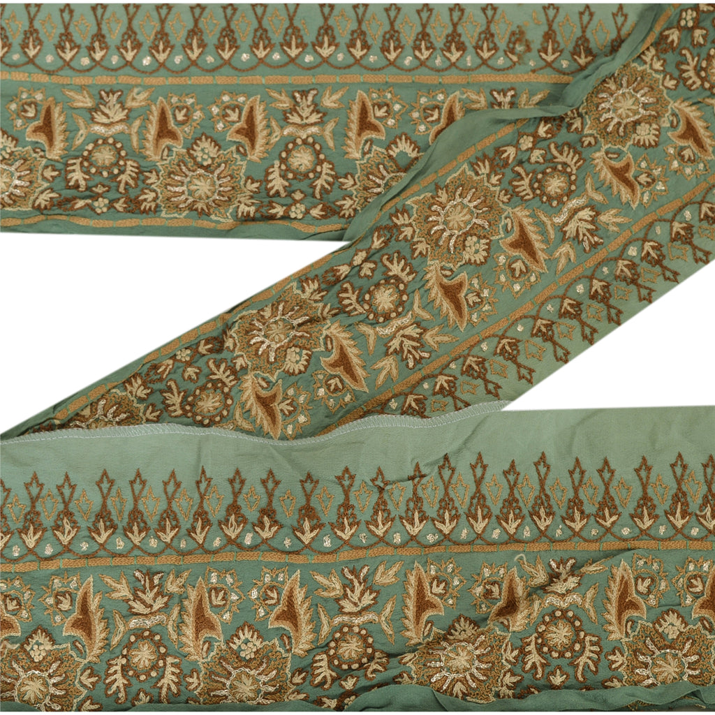 Sanskriti Vintage Sari Border Hand Embroidered 1Yd Trim Sewing Green Craft Lace