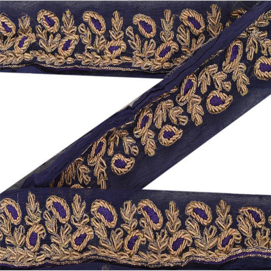 Sanskriti Vintage Sari Border Hand Embroidered 1 Yd Indian Trim Ribbon Blue Lace