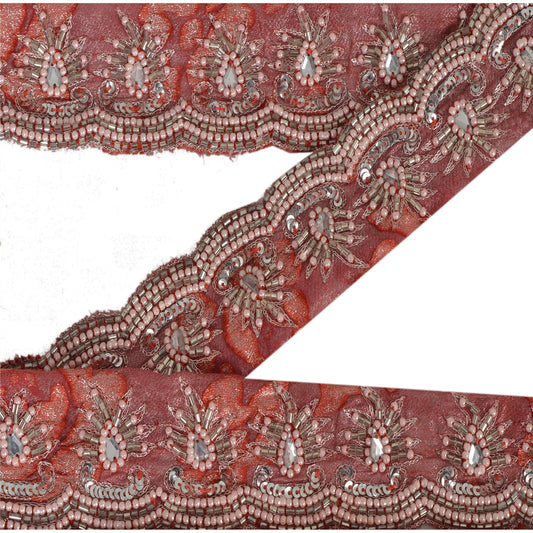 Sanskriti Vintage 1Yd Sari Border Hand Beaded Indian Trim Dã©Cor Ribbon Pink Lace