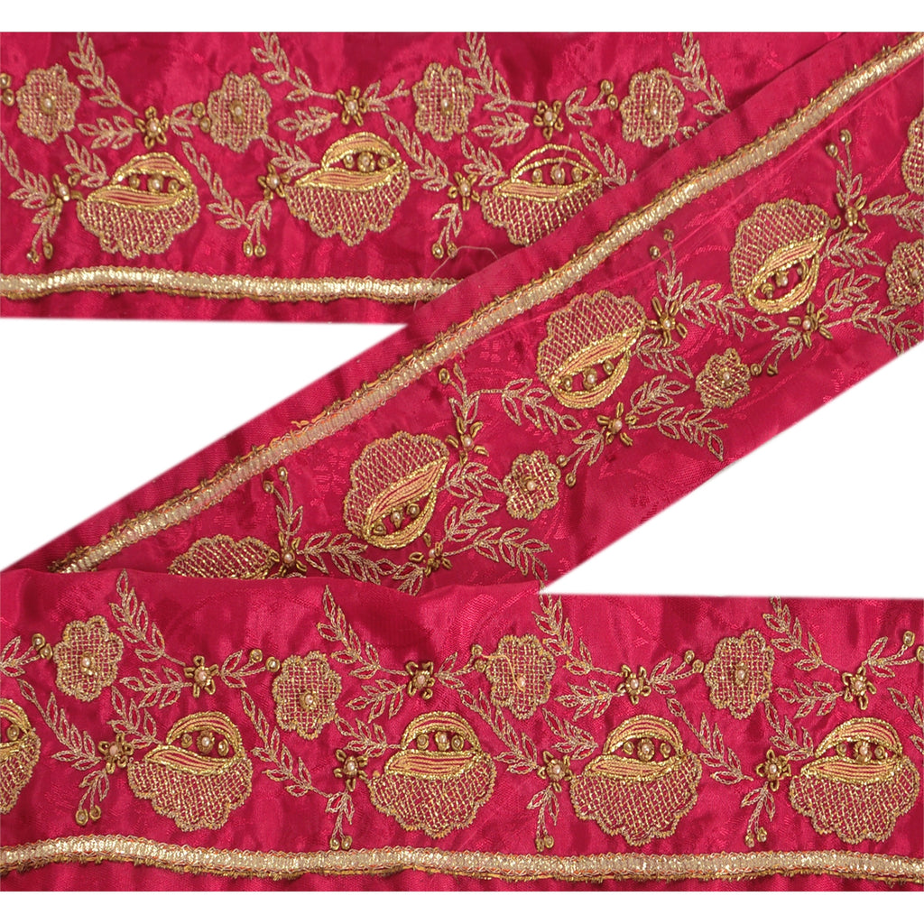 Sanskriti Vintage 1 Yd Sari Border Hand Beaded Woven Trim Sewing Pink Lace