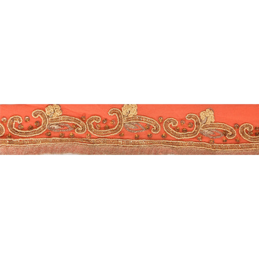Sanskriti Vintage 1 Yd Sari Border Hand Beaded Craft Trim Ribbon Peach Lace
