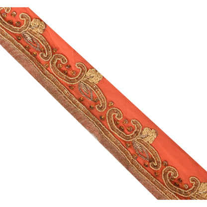 Sanskriti Vintage 1 Yd Sari Border Hand Beaded Craft Trim Ribbon Peach Lace