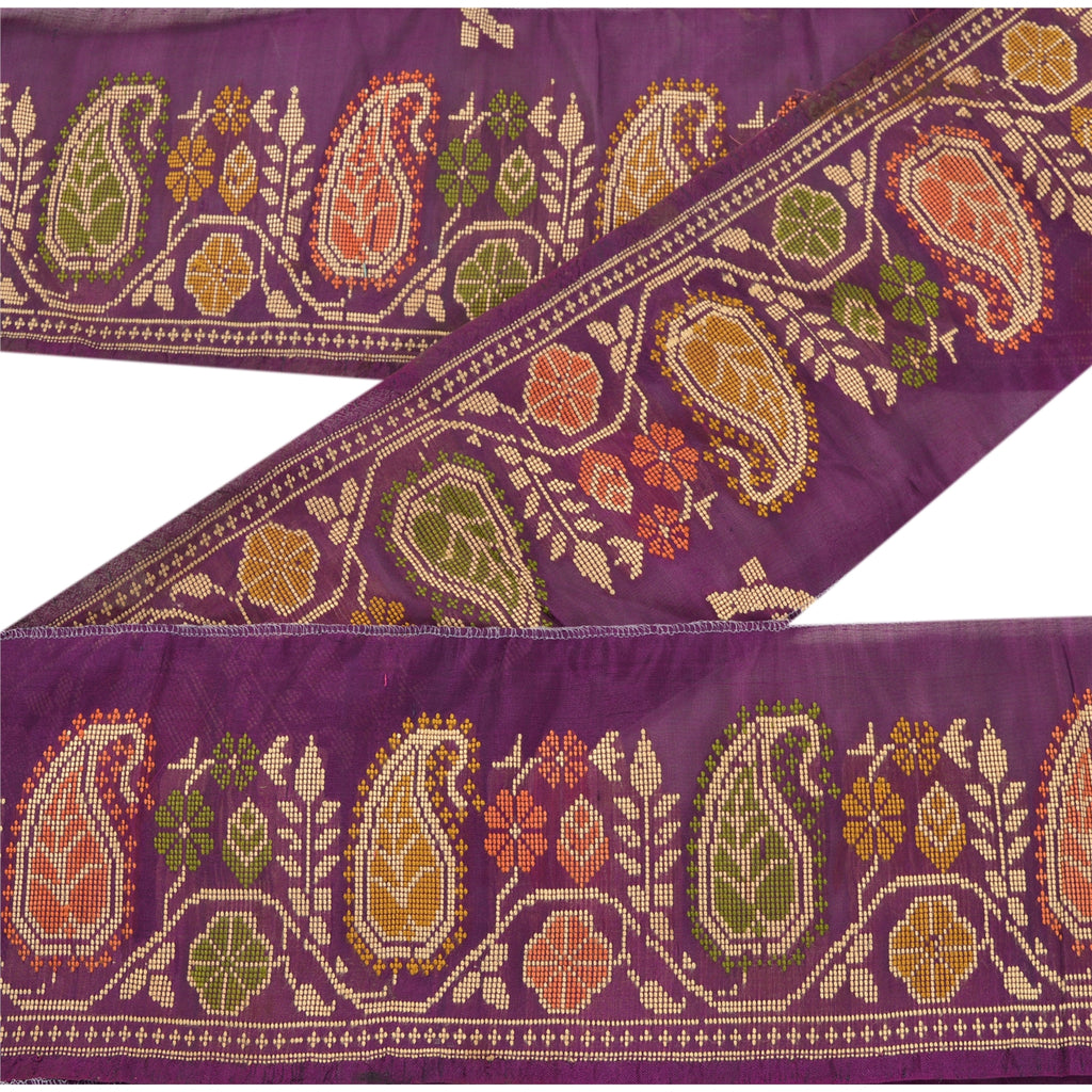 Sanskriti Vintage 1 Yd Sari Border Hand Woven Trim Sewing Craft Purple Deco Lace