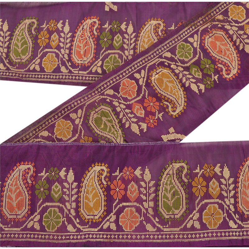 Sanskriti Vintage Hand Woven Pure Silk Sari Border: Purple Floral Paisley Trim upholstery fabric
